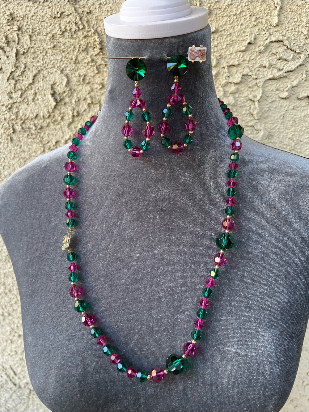 Green & Pink Crystal Bead Necklace and Earring Set